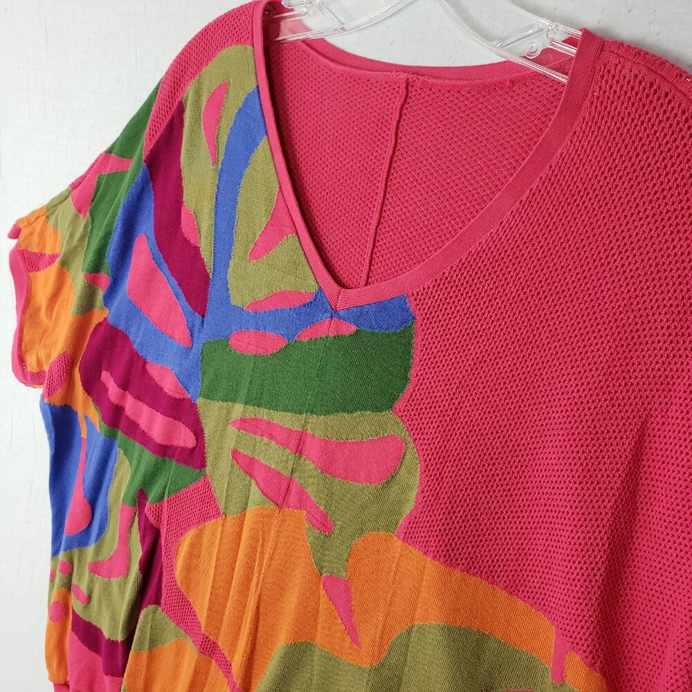 CHICOS Pullover Sweater Pink Artsy Abstract Colorful Tropical Mesh Knit size XL - Picture 3 of 9